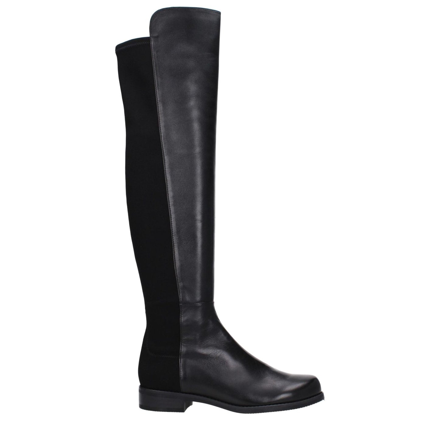 Stuart Weitzman Black Leather Over The Knee boots with vintage effect and low flat heel, featuring round toe and rubber sole.