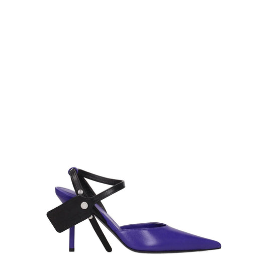 Alt Tag: Off-White Purple Leather High Heel Pumps with side logo, pointy toe, button closure, and 9 cm heel height.