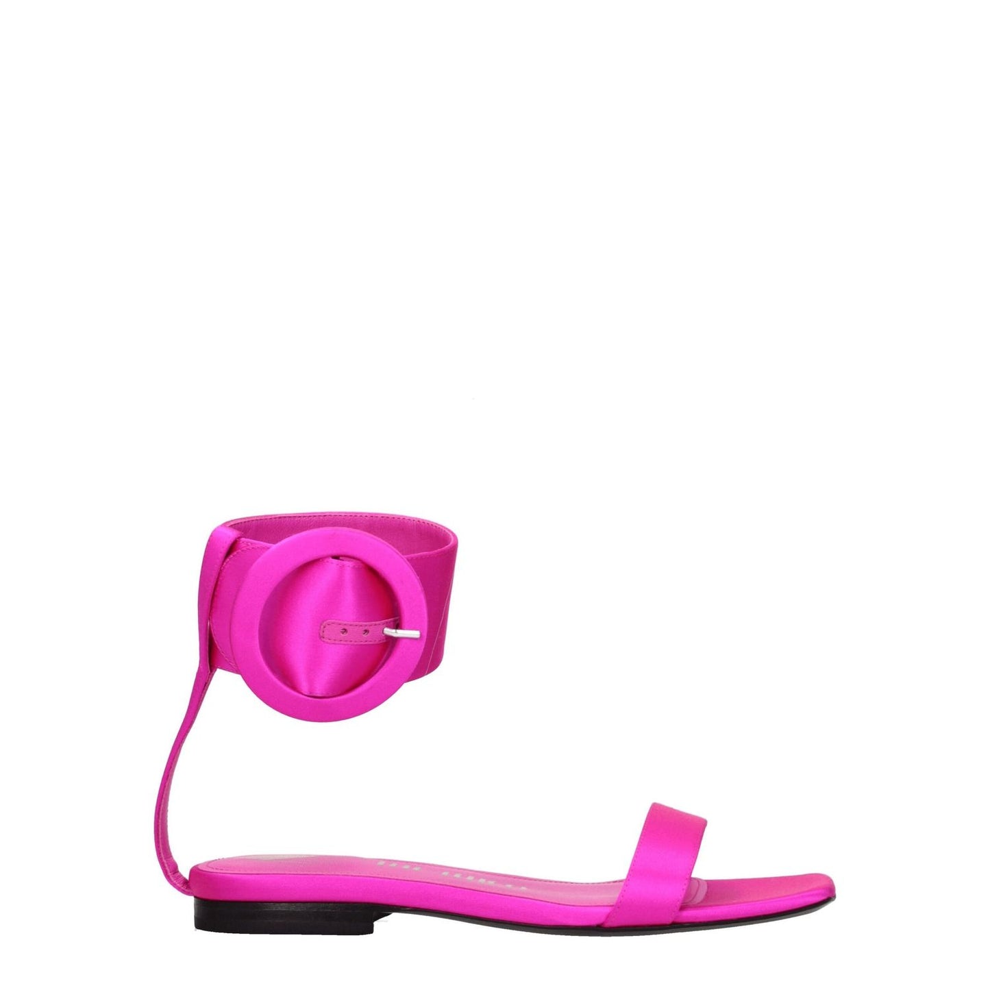 The Attico Pink Satin Flat Sandals with buckle closure, open toe, and leather sole, designed for casual style.
