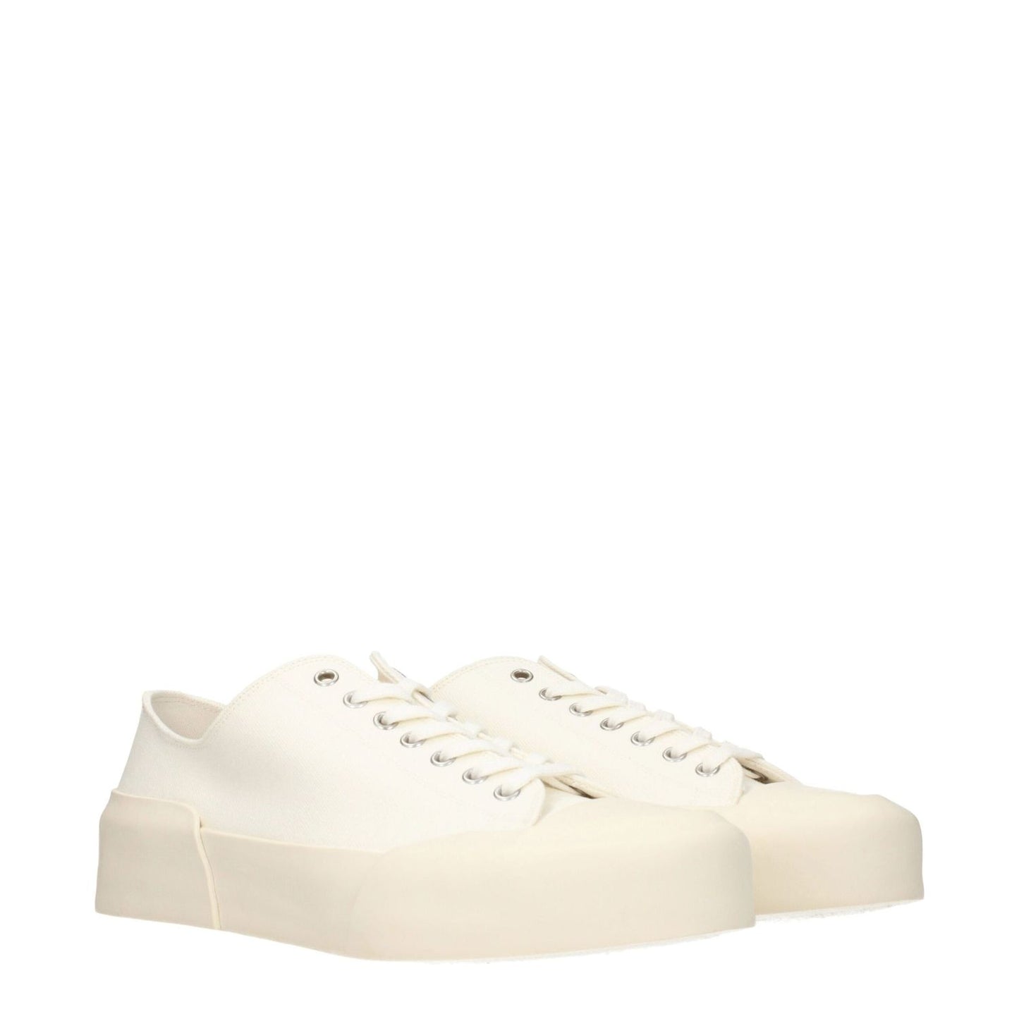 Jil Sander Beige Fabric Low Top Sneakers with lace-up closure, back logo, and rubber sole, offering a sporty glam look.
