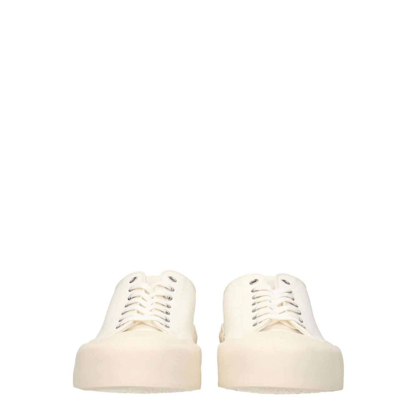 Jil Sander Beige Fabric Low Top Sneakers with lace-up closure, rubber sole, and mid heel, featuring a back logo and sporty glam style.