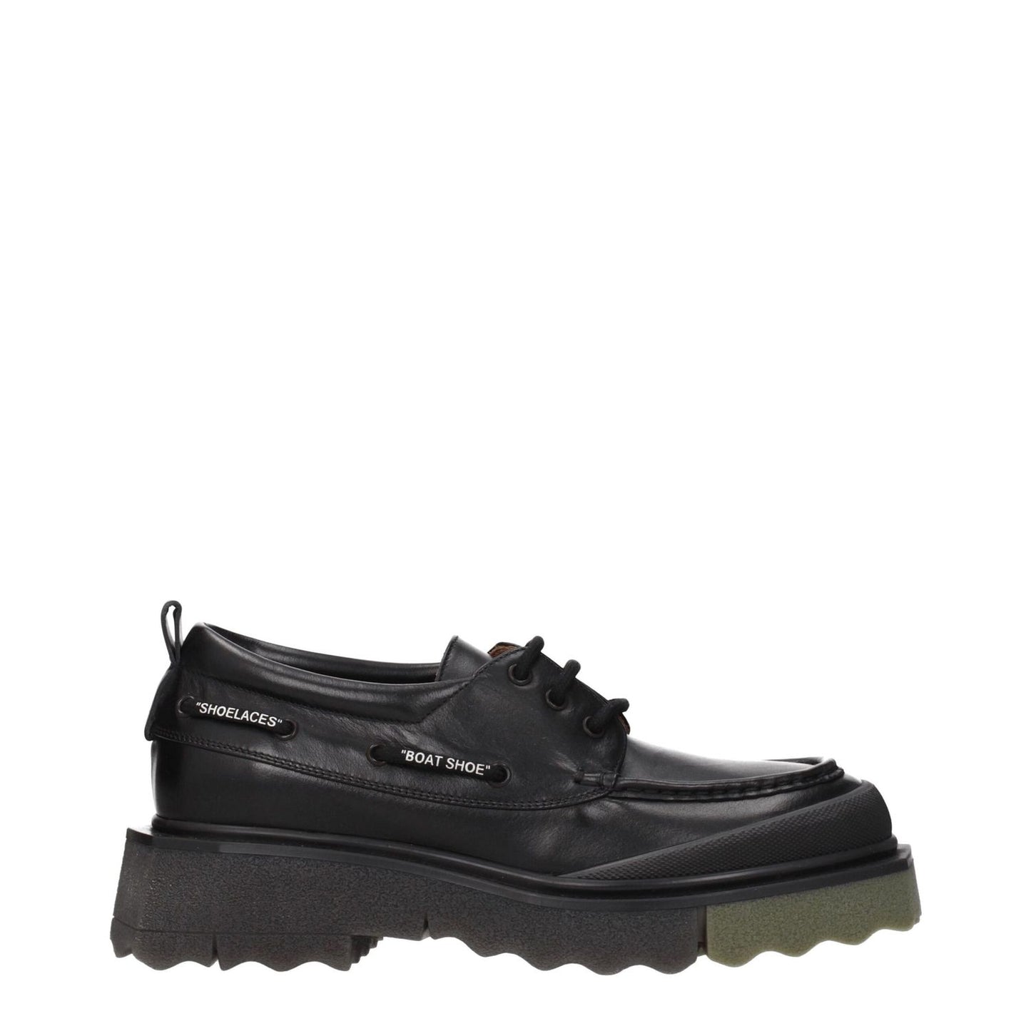 Off-White Black Leather Slip-On Loafers with vintage effect, lace up design, rubber sole, mid heels, and military green accents.