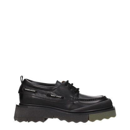 Off-White Black Leather Slip-On Loafers with vintage effect, lace up design, rubber sole, mid heels, and military green accents.