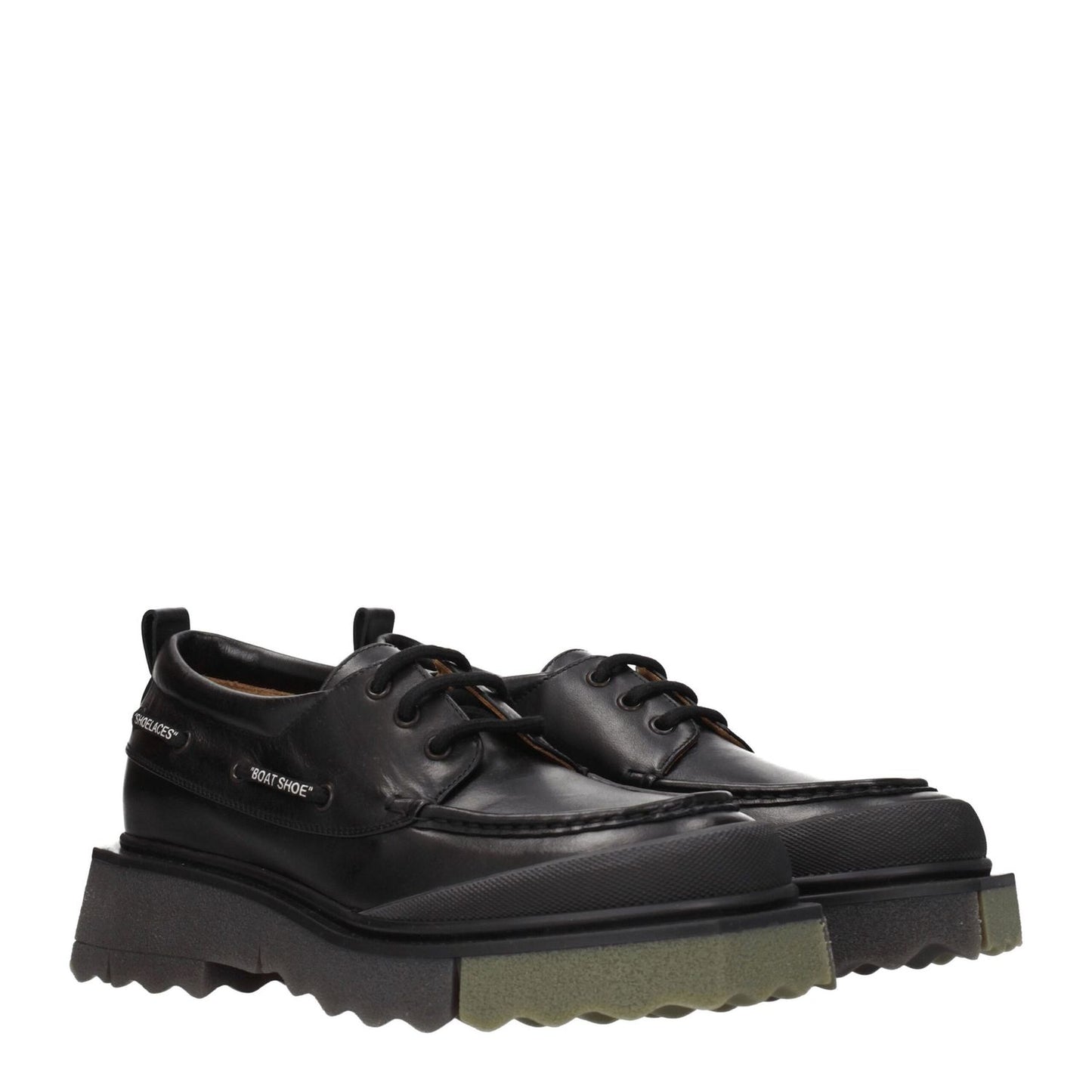 Off-White Black Leather Slip-On Loafers with lace up closure, military green sole, mid heels, and vintage effect design.
