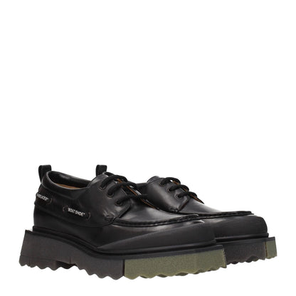 Off-White Black Leather Slip-On Loafers with lace up closure, military green sole, mid heels, and vintage effect design.