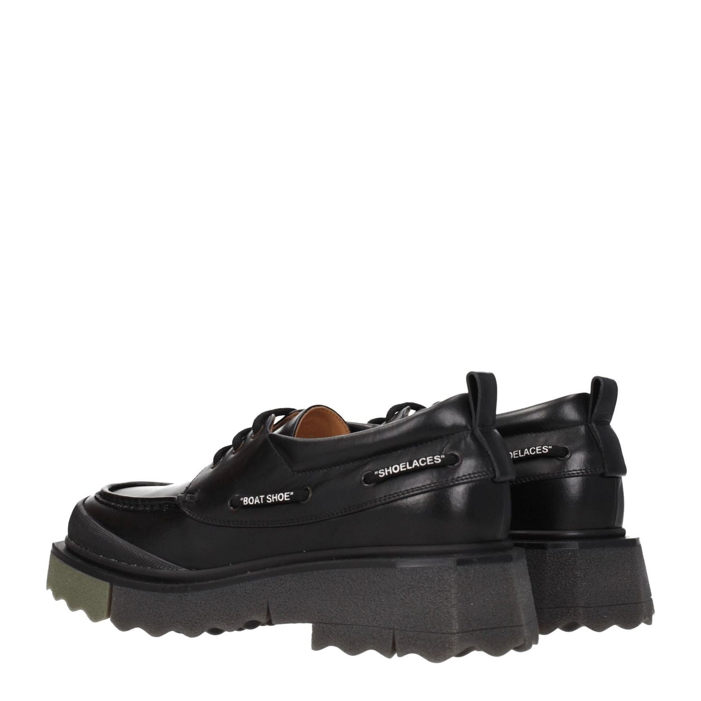 Off-White Black Leather Slip-On Loafers with rubber sole and vintage effect, featuring lace-up closure, mid heels, and round toe design.