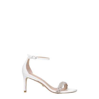Stuart Weitzman White Leather Stiletto Heel Sandals with open toe, silver crystal details, and buckle closure. Mid heels, 7.5 cm height.