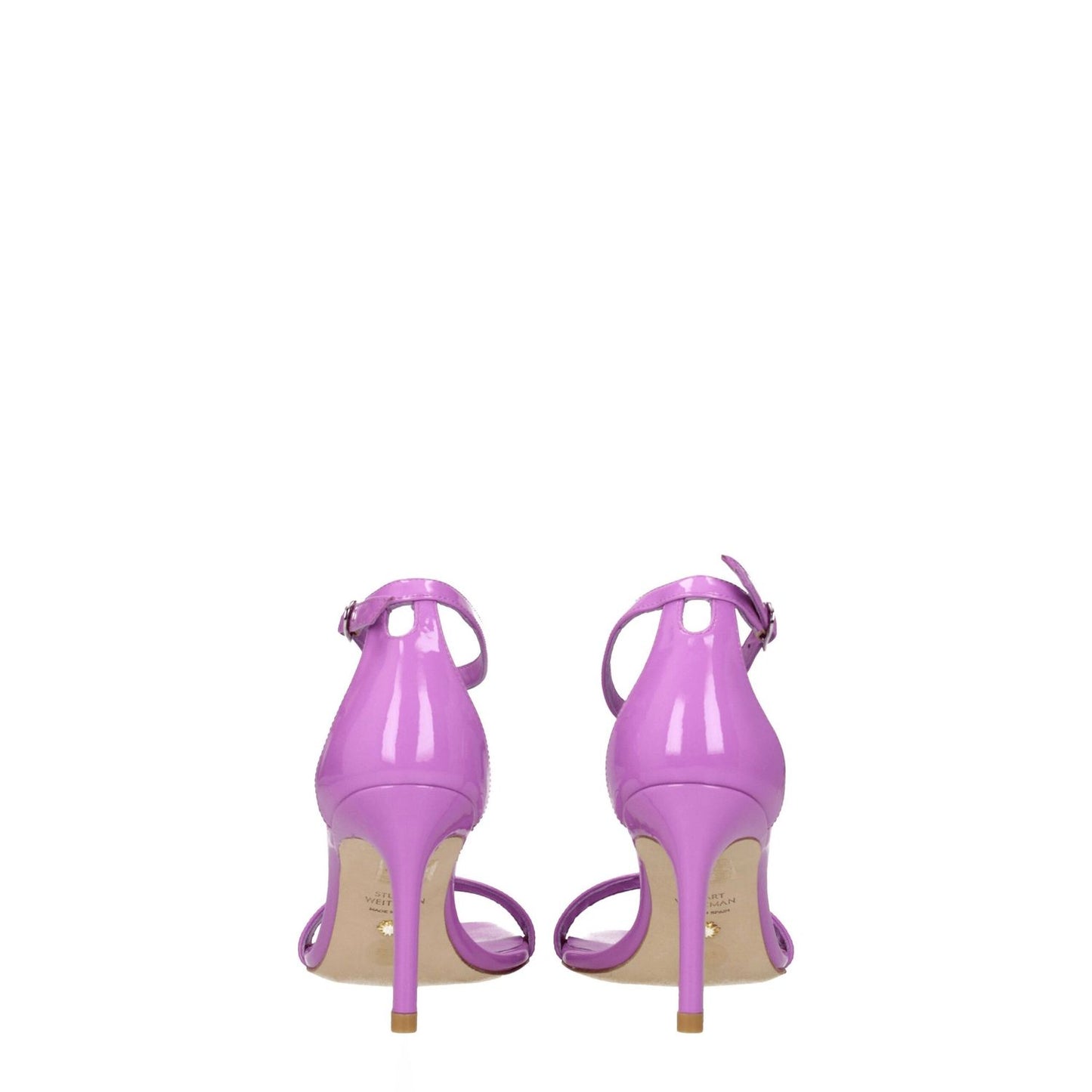 Stuart Weitzman Purple Leather Stiletto Heel Sandals with buckle closure, patent leather, open toe, 8 cm heel, shown in lilac color.