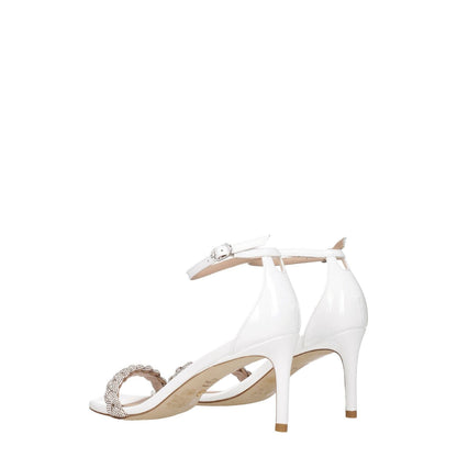 Stuart Weitzman White Leather Stiletto Heel Sandals with buckle closure, crystal accents on straps, and leather sole, open toe