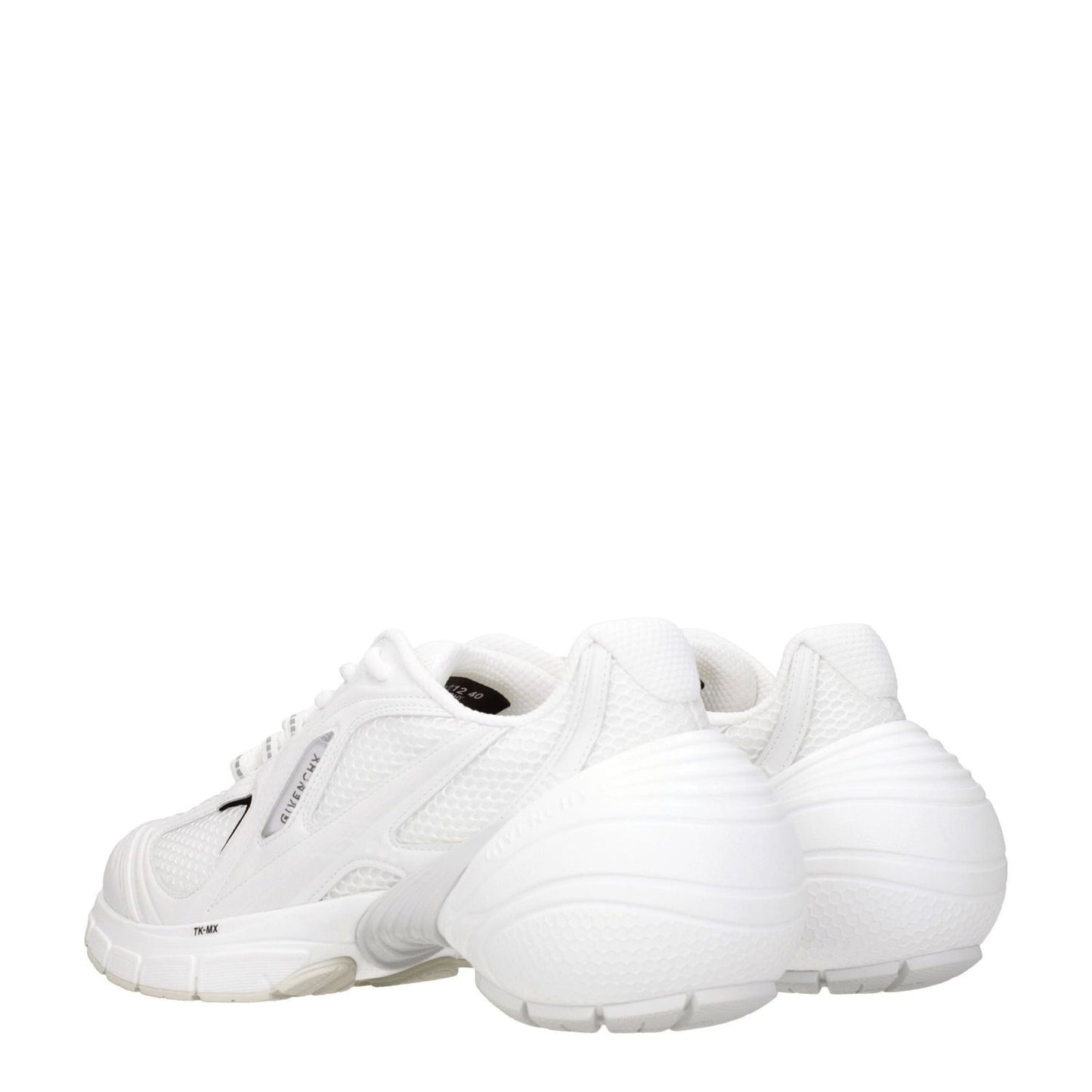 Givenchy White Fabric Athletic Sneakers with logos, lace-up closure, rubber sole, and mid heels, sporty casual style, rear view.