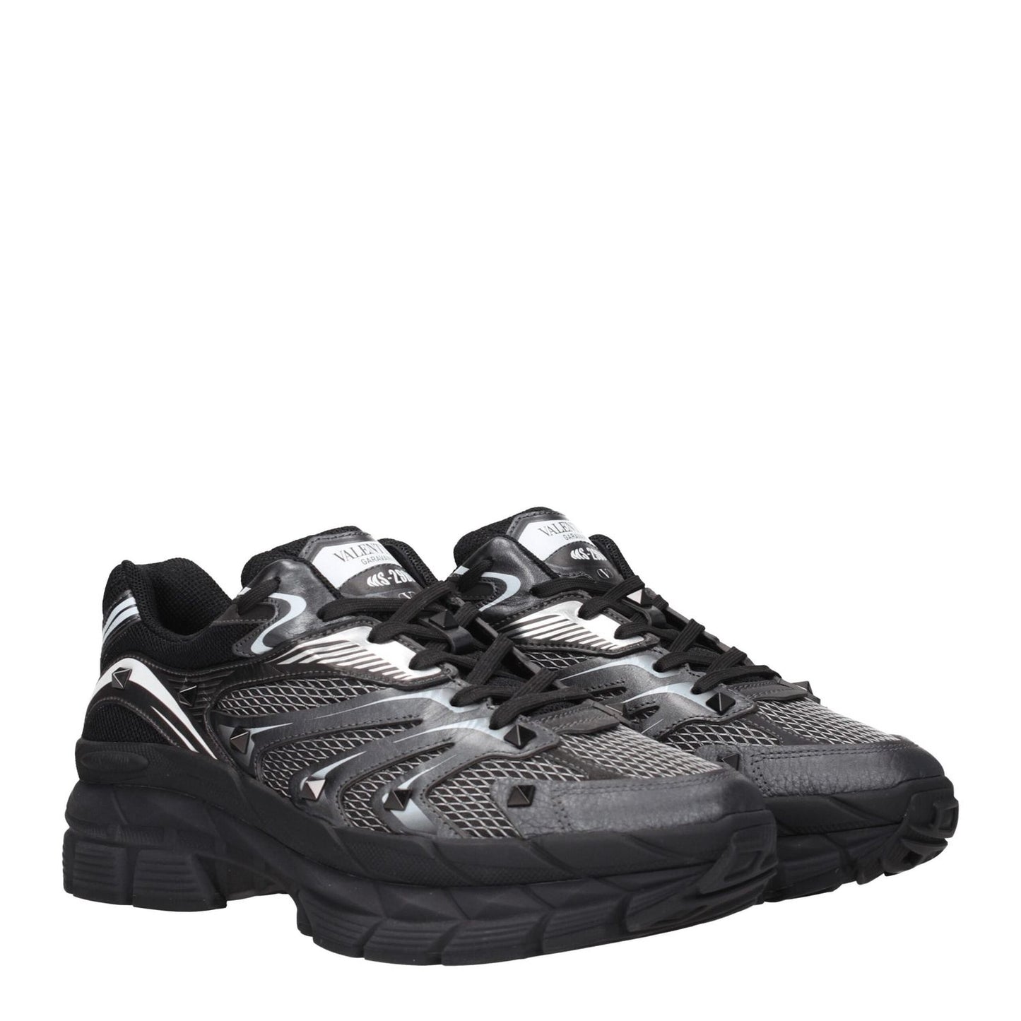 Valentino Garavani Black Fabric Athletic Sneakers with studs, lace-up closure, and rubber sole, featuring front and back logos.