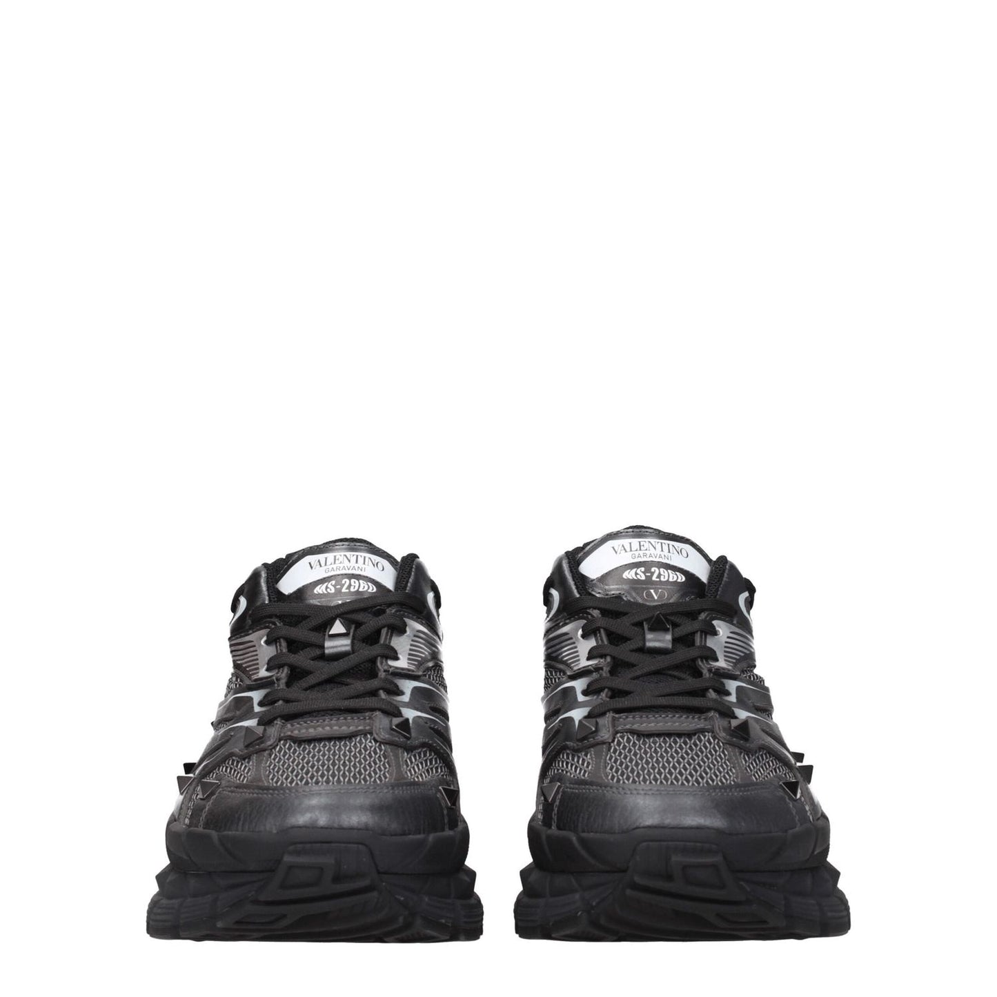 Valentino Garavani Black Fabric Athletic Sneakers with studs, logos, lace-up closure, and mid heel for casual style.