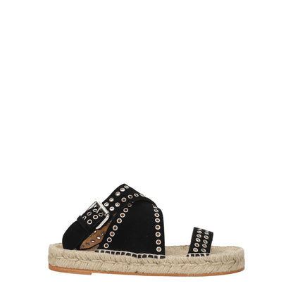 Isabel Marant Black Leather Flat Sandals with silver studs and buckle closure, casual suede design, open toe, and low flat heel.