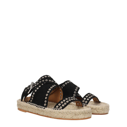 Isabel Marant Black Leather Flat Sandals with studs and buckle closure, open toe, and suede upper, ideal for casual wear.