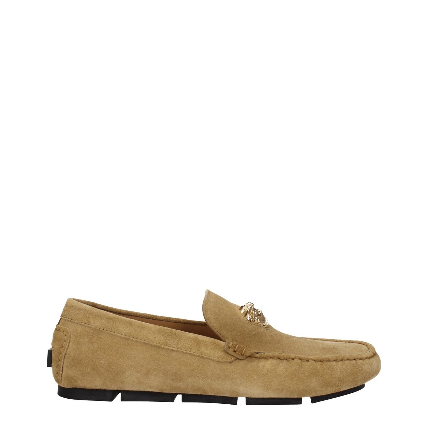 Versace Beige Leather Slip-On Loafers with suede finish, round toe, and front logo, featuring a low flat heel and leather sole.