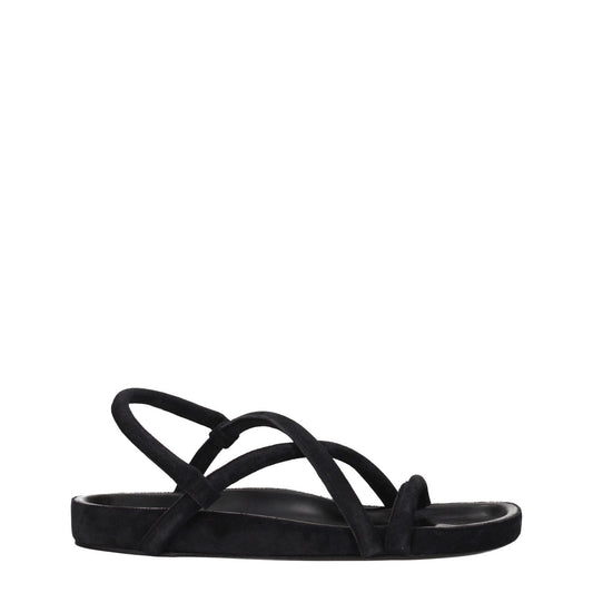 Isabel Marant Black Leather Flat Sandals with open toe and low heel, features suede upper and leather sole with vintage effect.