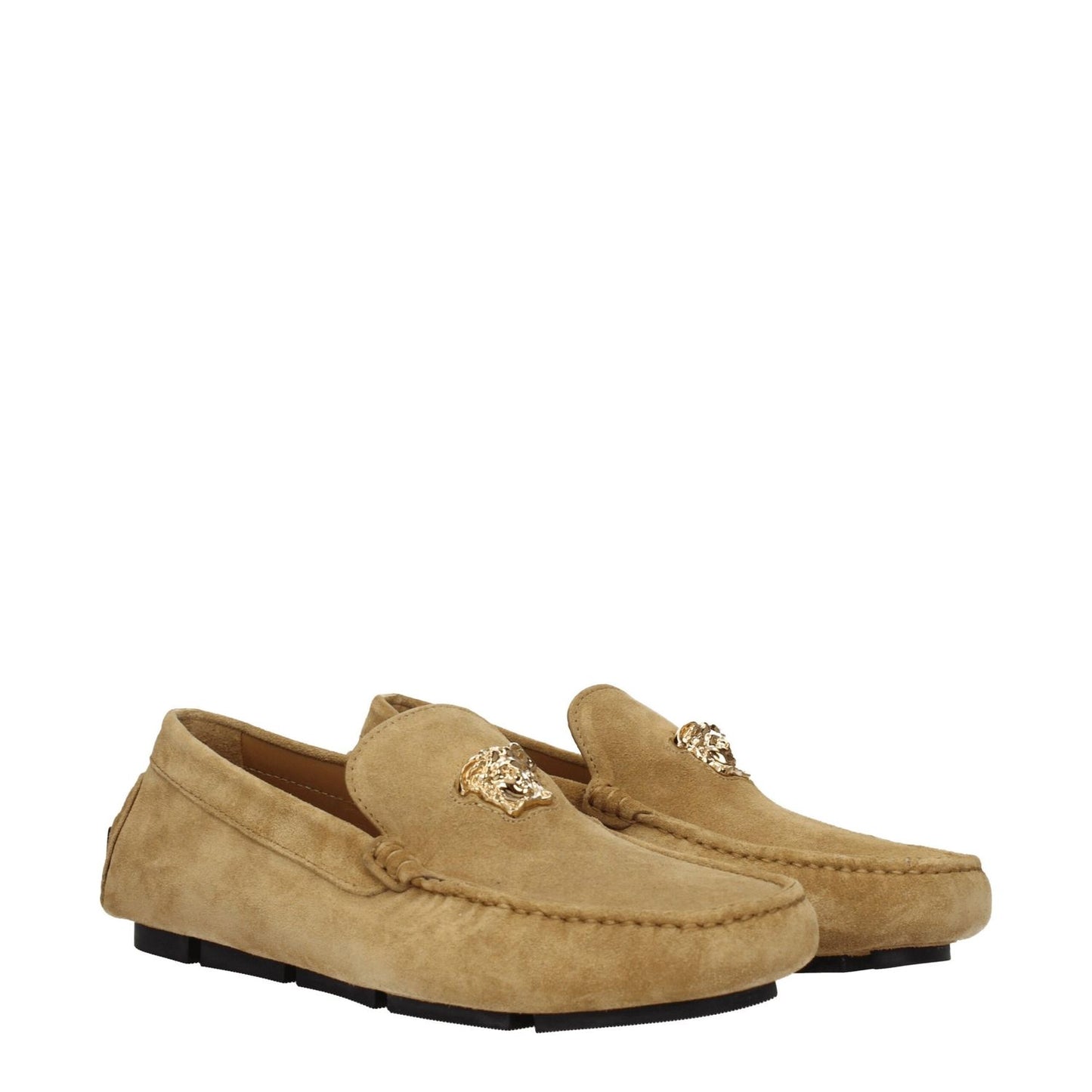 Versace Beige Leather Slip-On Loafers with gold logo, suede material, casual style, and round toe design. MPN: 10037011A006341K78V.