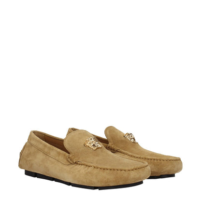 Versace Beige Leather Slip-On Loafers with gold logo, suede material, casual style, and round toe design. MPN: 10037011A006341K78V.