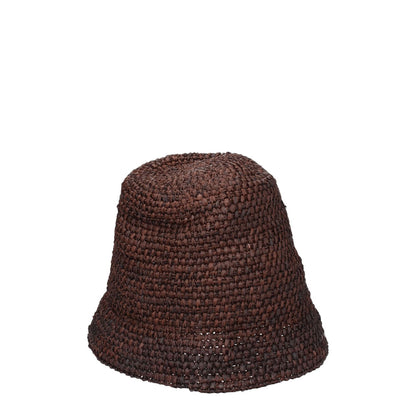 Jacquemus Brown Raffia Bucket Hat with front logo, casual style in dark brown handcrafted raffia.