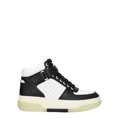 Amiri Black Leather High Top Sneakers with front and back logo in black and white, lace-up closure, rubber sole, round toe, wedge heel.