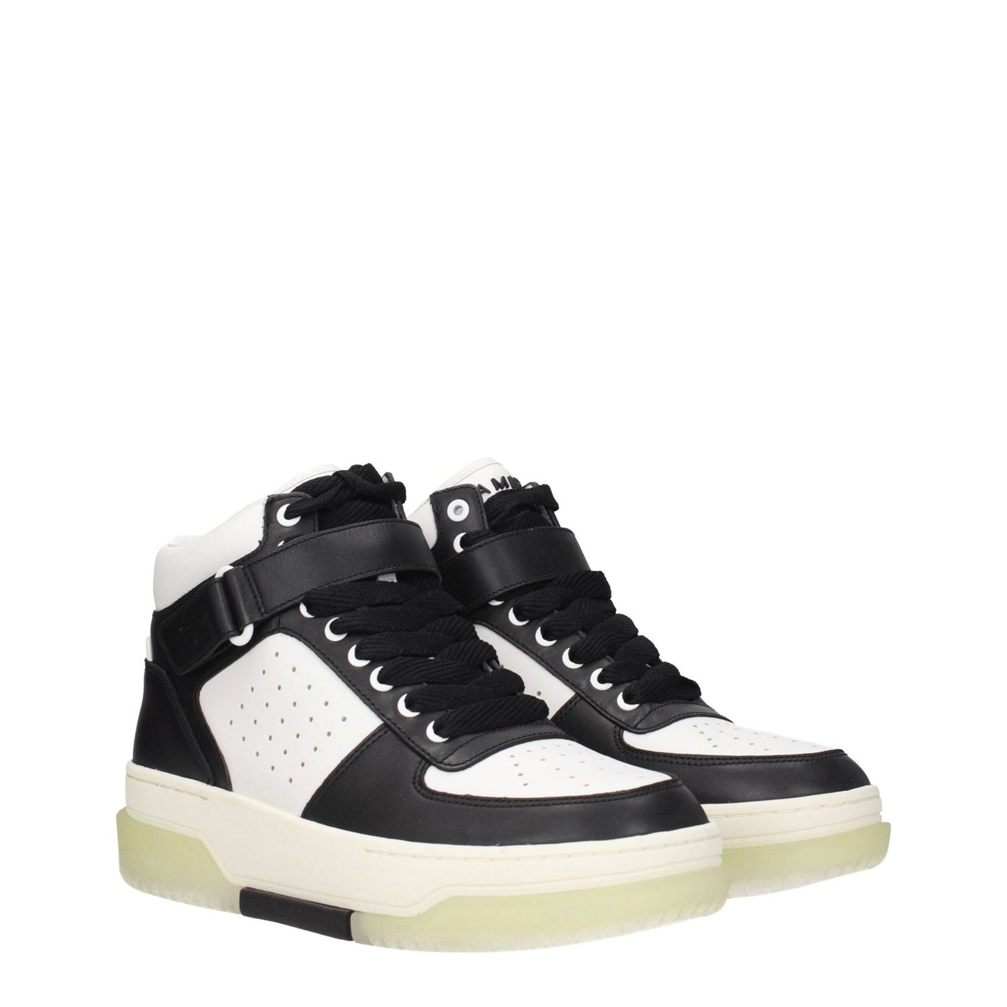 Amiri Black Leather High Top Sneakers with lace-up closure and wedge heel, featuring front and back logos. Style: Street.