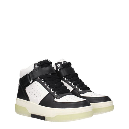 Amiri Black Leather High Top Sneakers with lace-up closure and wedge heel, featuring front and back logos. Style: Street.