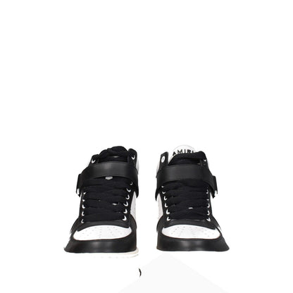 Amiri Black Leather High Top Sneakers with front and back logo, lace-up closure, leather material, and rubber wedge sole.