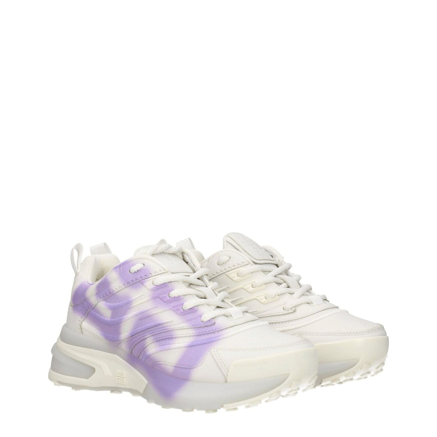 Givenchy Beige Leather Low Top Sneakers with lilac detail, featuring a lace-up closure, mid heels, and rubber soles. Fashionable casual wear.