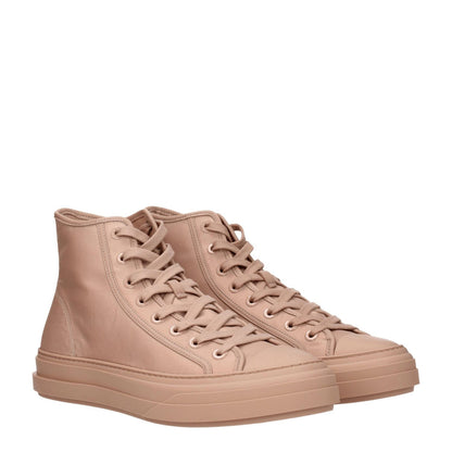 Valentino Garavani Pink Fabric High Top Sneakers with lace-up closure, featuring front and back logo, low flat heel, round toe.