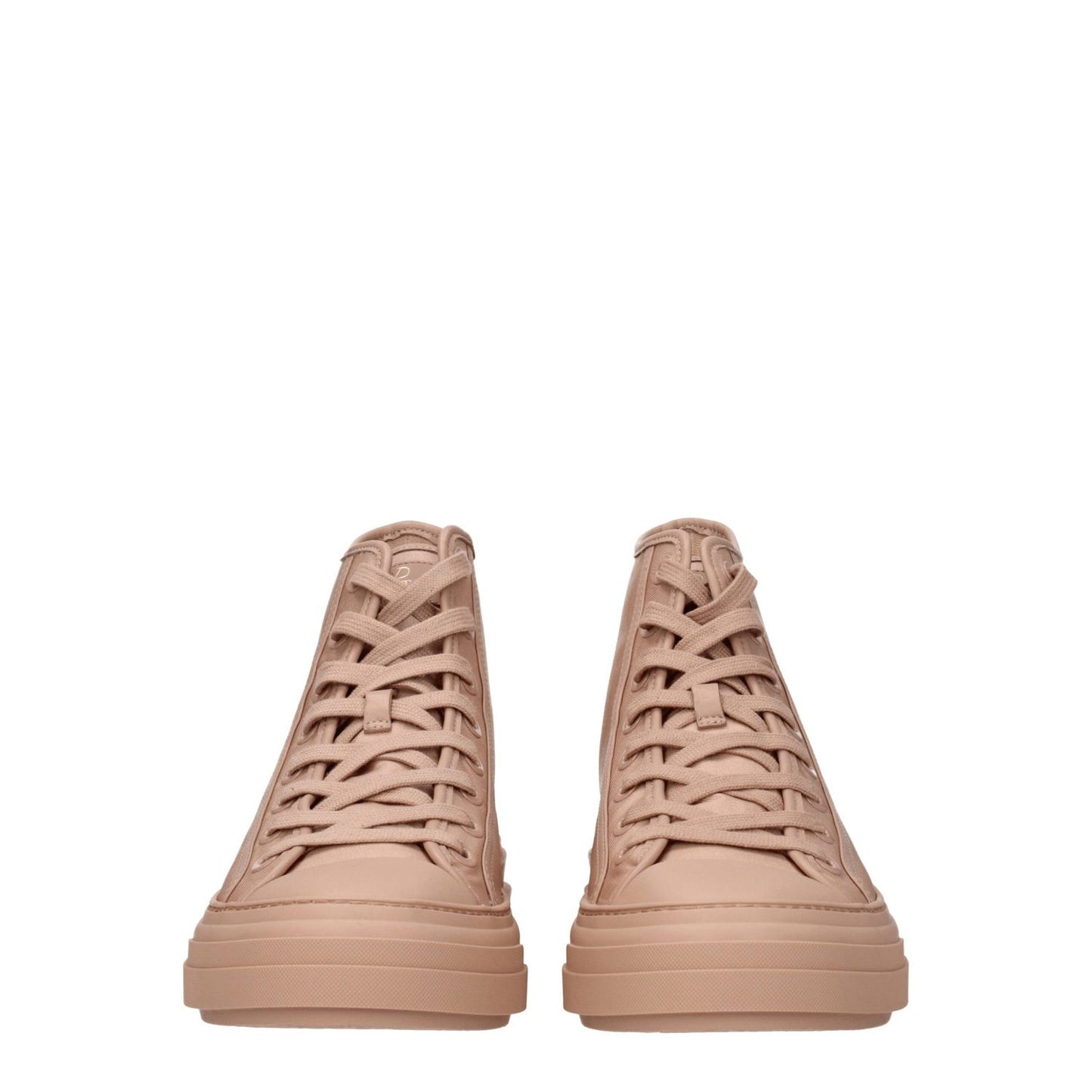 Valentino Garavani Pink Fabric High Top Sneakers with logos and lace up closure, round toe, rubber sole, and cinnamon rose accents.