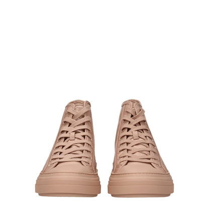 Valentino Garavani Pink Fabric High Top Sneakers with logos and lace up closure, round toe, rubber sole, and cinnamon rose accents.