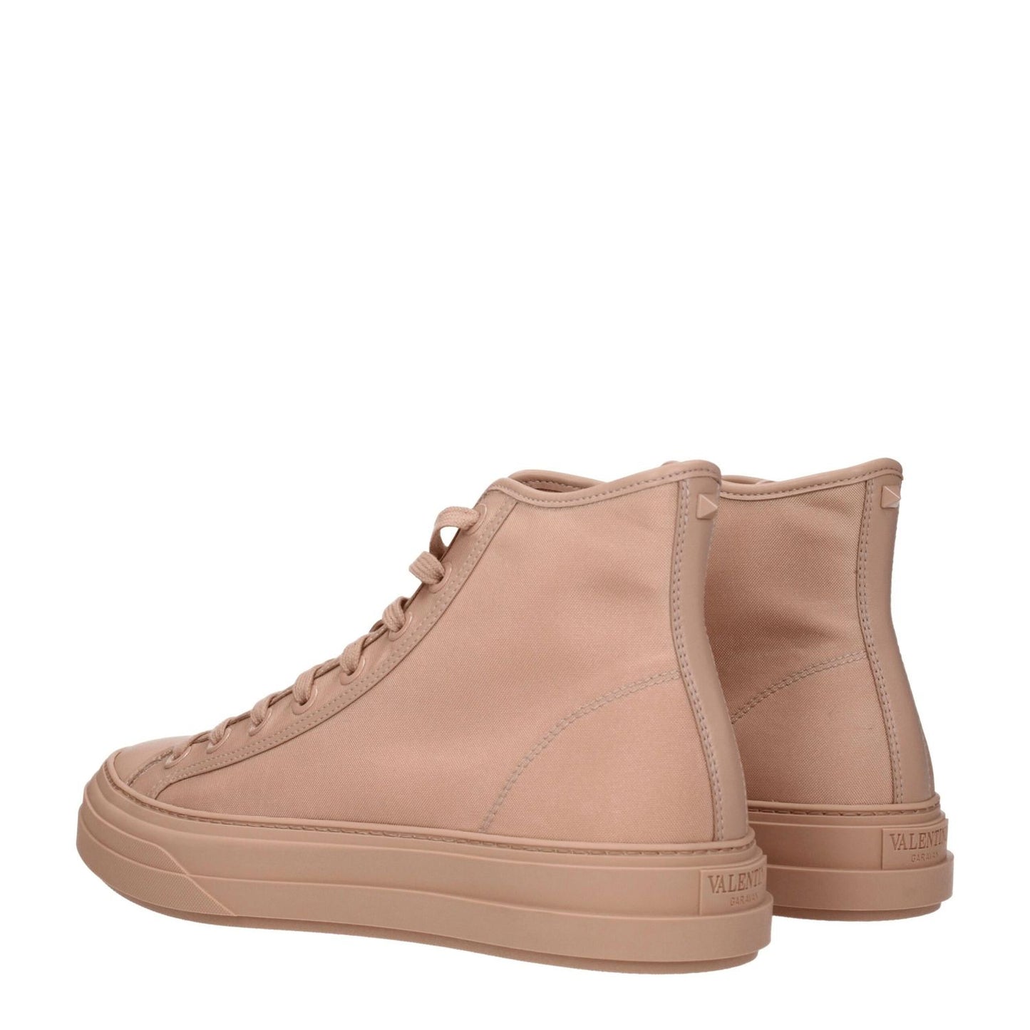 Valentino Garavani Pink Fabric High Top Sneakers with lace-up closure and rubber sole, featuring front and back logo, casual style.