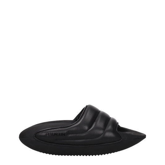 Balmain Black Leather Slippers with side logo, rubber sole, mid heels, and open toe design, MPN VL299LPQP0PA, casual style.
