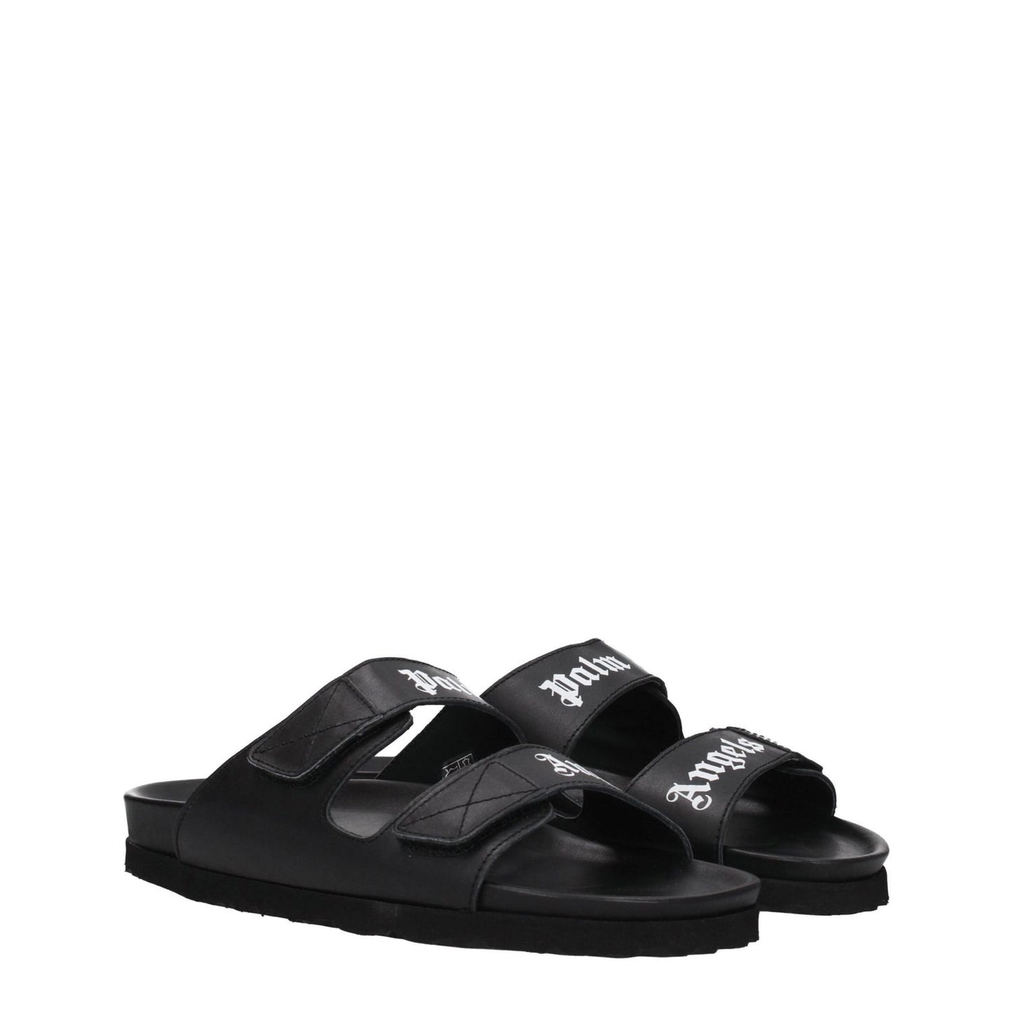 Palm Angels Black Leather Slippers with front logo, casual style, strap closure, open toe, rubber sole, low flat heel.