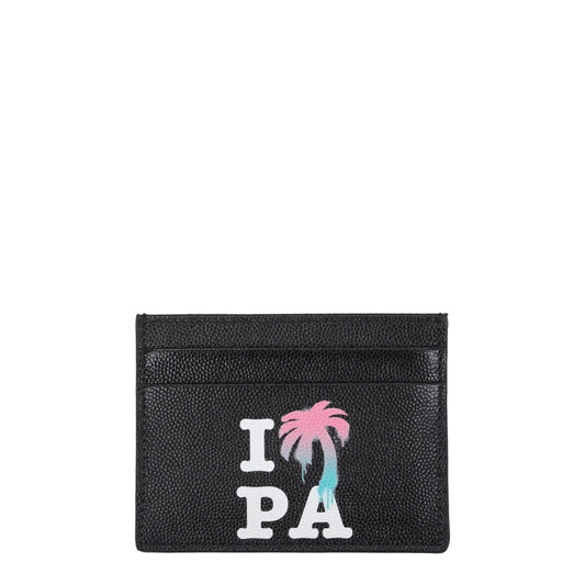 Palm Angels Black Leather Cardholder with front logo, 5 card slots, size 8x10.5 cm.