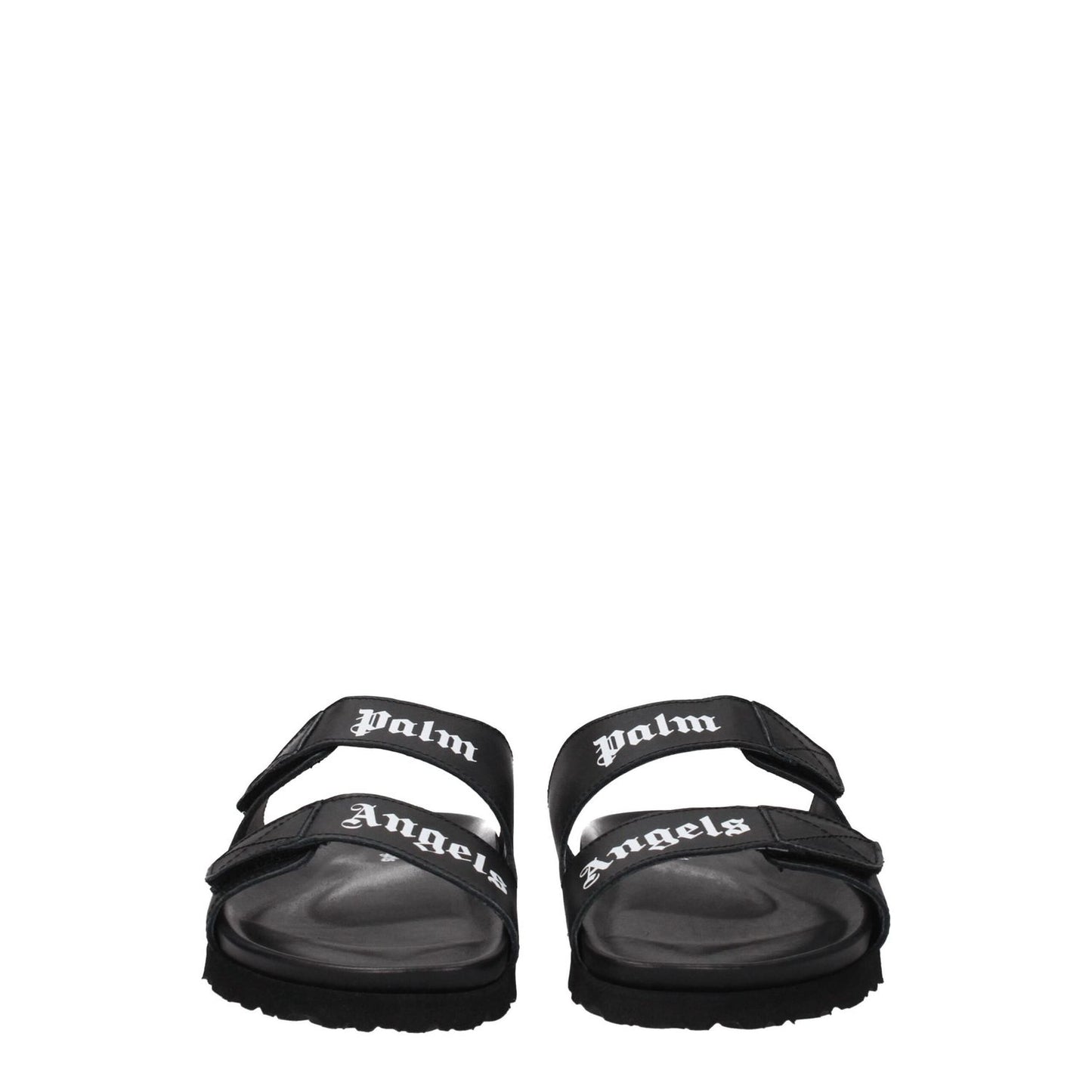 Palm Angels Black Leather Slippers with strap closure and front logo design, featuring open toe and flat heel made from rubber sole.