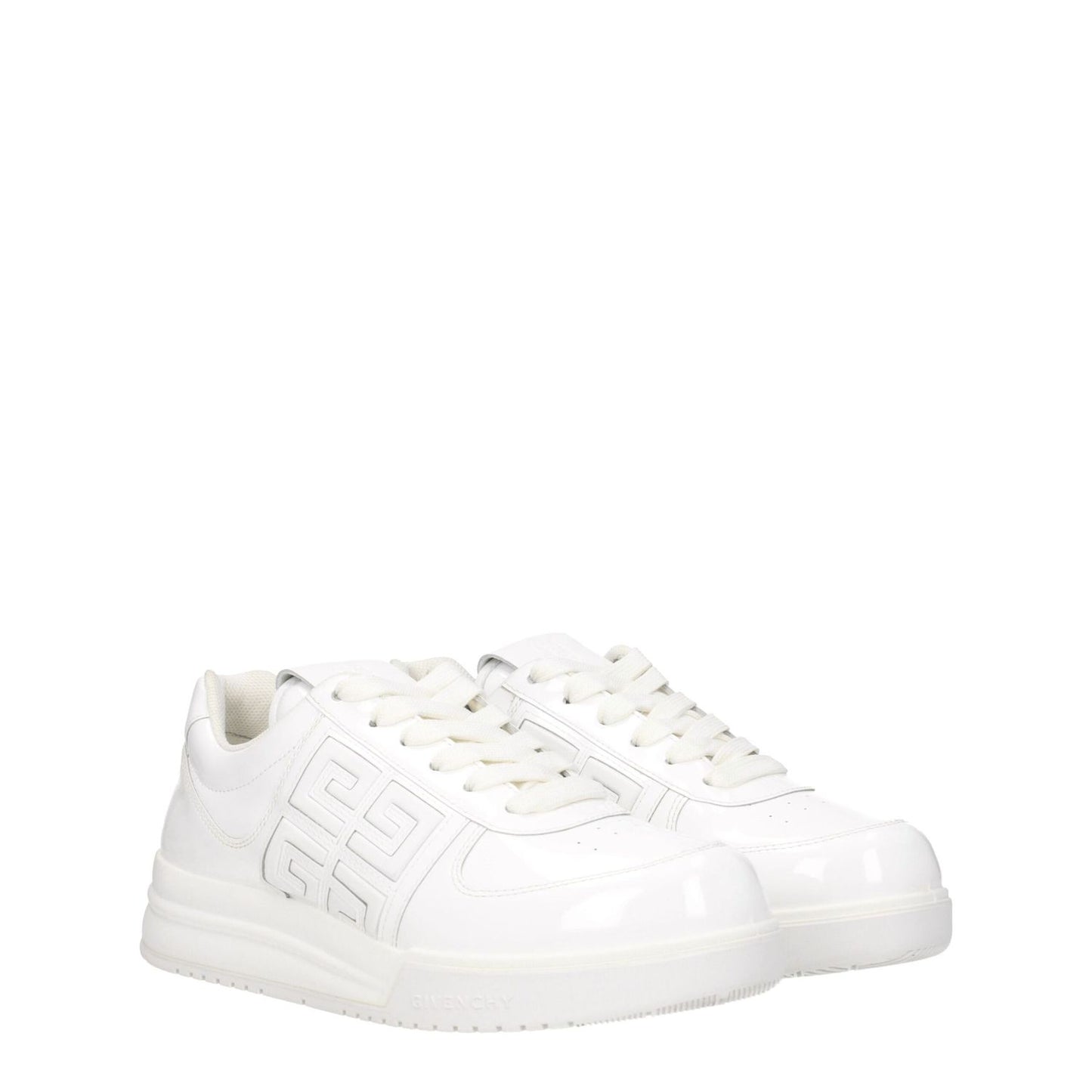 Givenchy White Leather Low Top Sneakers with logo detailing, lace-up closure, round toe, and rubber sole.