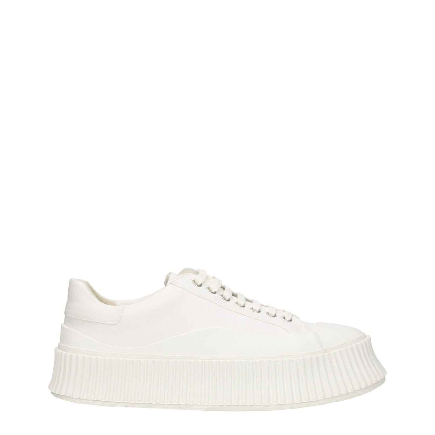 Jil Sander White Fabric Platform Sneakers with lace-up closure, casual style, rubber wedge sole, and round toe design.