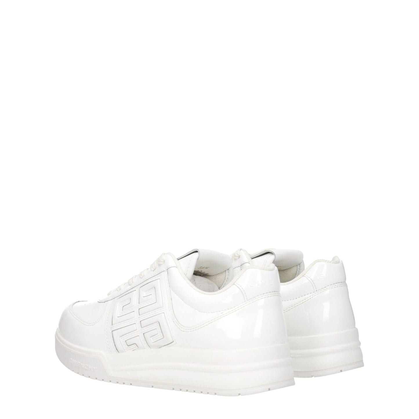 Givenchy White Leather Low Top Sneakers with logos, lace-up design, round toe, and rubber sole. MPN BE0030E1QQ100, stylish casual footwear.