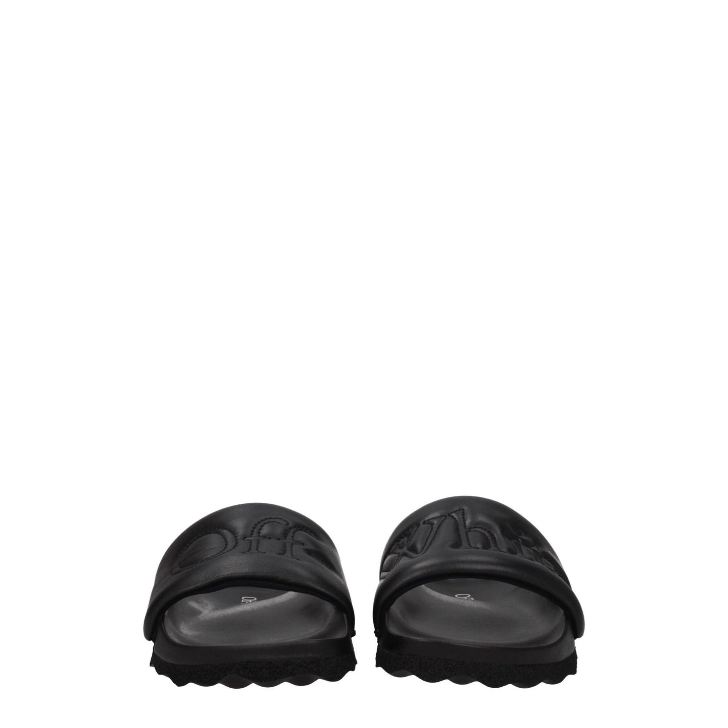 Off-White Black Leather Slippers with front logo, open toe, and rubber sole, designed for casual wear, MPN OWIT001LEA0011010.