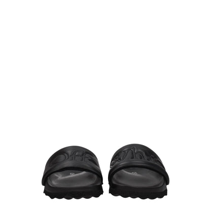 Off-White Black Leather Slippers with front logo, open toe, and rubber sole, designed for casual wear, MPN OWIT001LEA0011010.