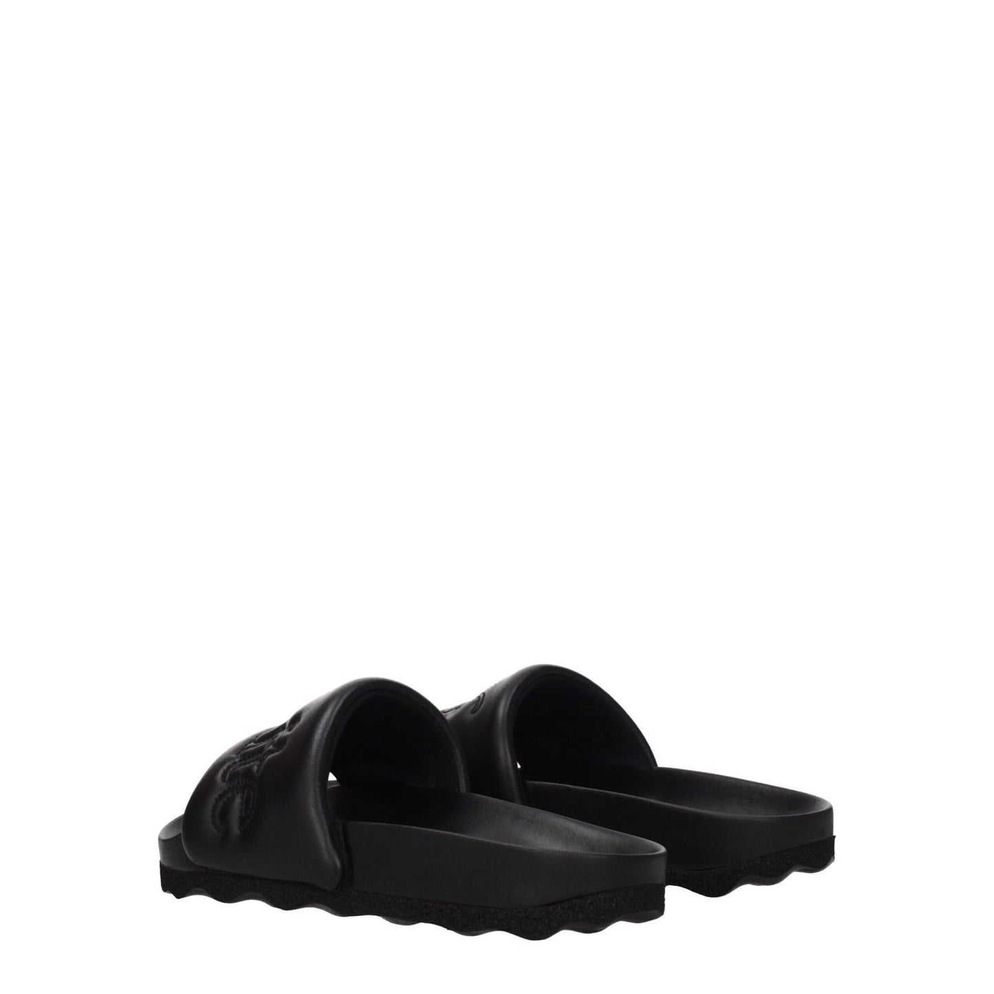 Off-White Black Leather Slippers featuring open toe design with rubber sole and front logo. Casual style and low, flat heel.