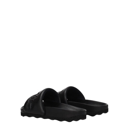 Off-White Black Leather Slippers featuring open toe design with rubber sole and front logo. Casual style and low, flat heel.