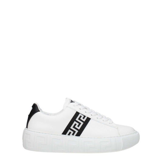 Versace White Leather Low Top Sneakers with logo, lace-up closure, and black detailing. Casual style, rubber sole, round toe.