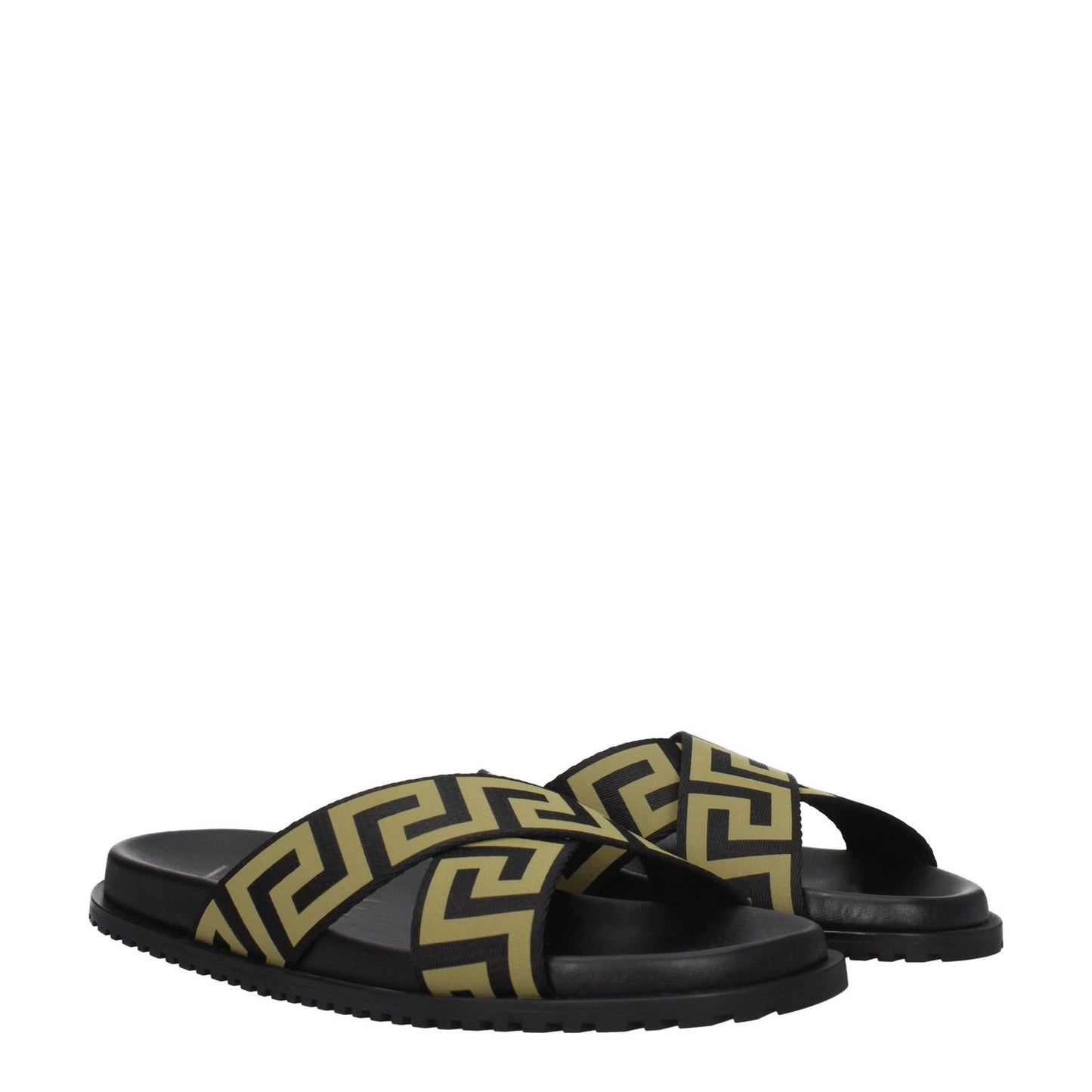 Versace Black Fabric Slippers with gold accents, casual open toe, low flat heel, rubber sole. Model MPN: 10083181A059582B150.