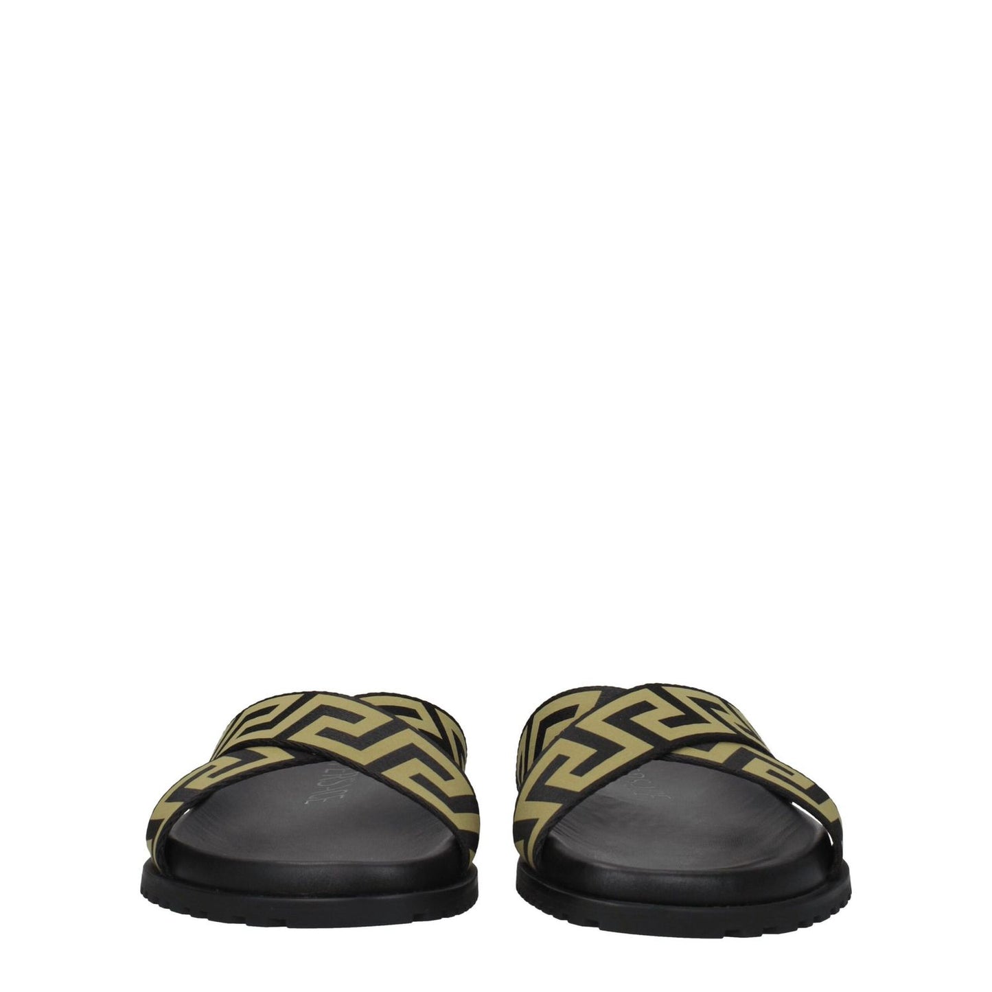 Versace Black Fabric Slippers with gold accents, casual style open toe design, low flat rubber sole, MPN 10083181A059582B150.