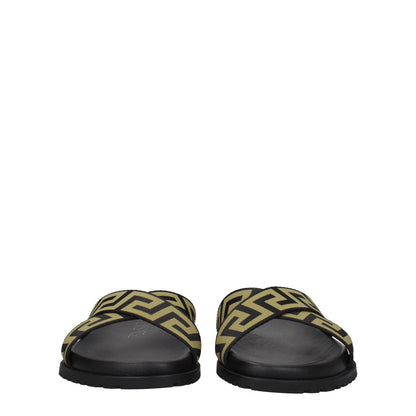 Versace Black Fabric Slippers with gold accents, casual style open toe design, low flat rubber sole, MPN 10083181A059582B150.