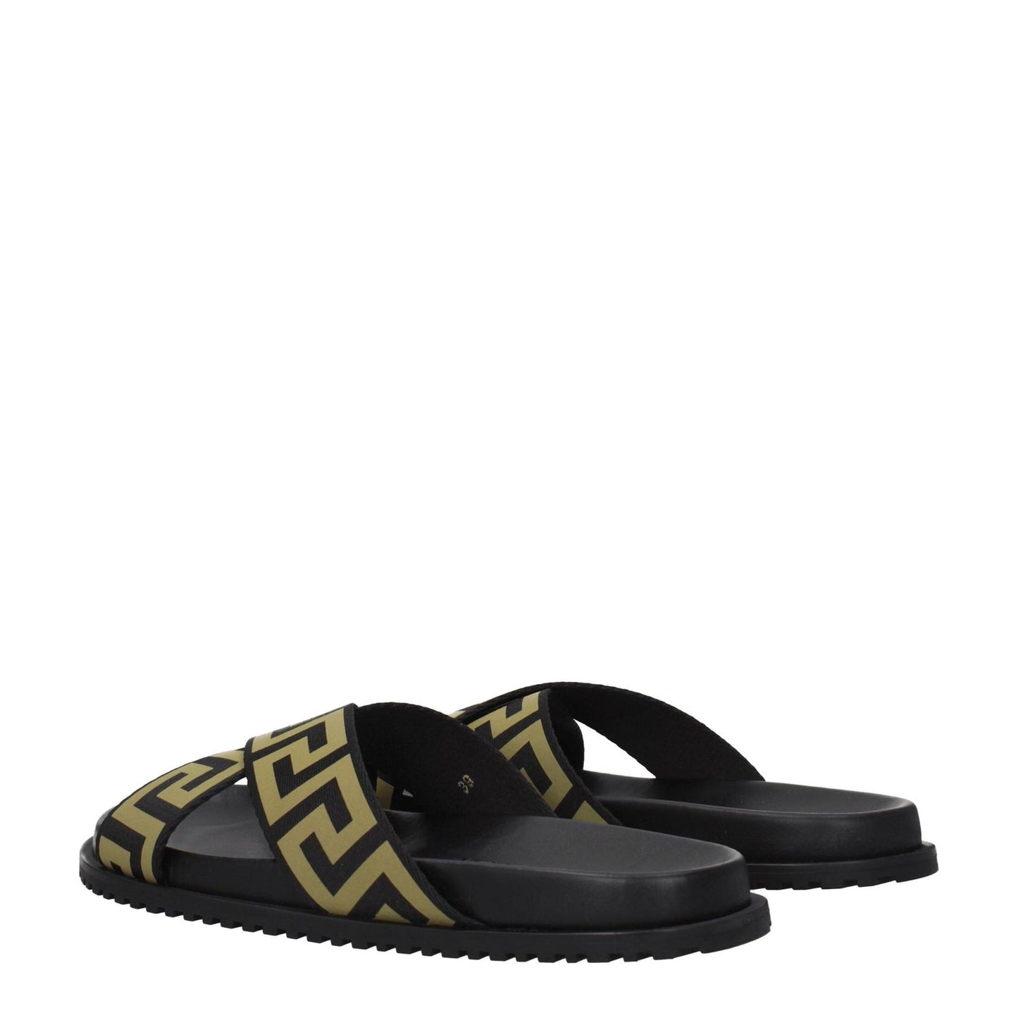 Versace Black Fabric Slippers with rubber sole and open toe design featuring gold accents, casual style, low flat heel.