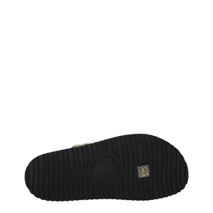 Sole view of Versace Black Fabric Slippers with rubber material, open toe design, and casual style, featuring gold detailing.