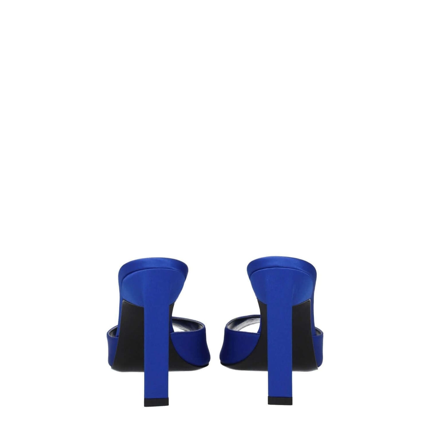 Back view of The Attico Blue Satin Stiletto Heel Sandals with rhinestones and leather sole.